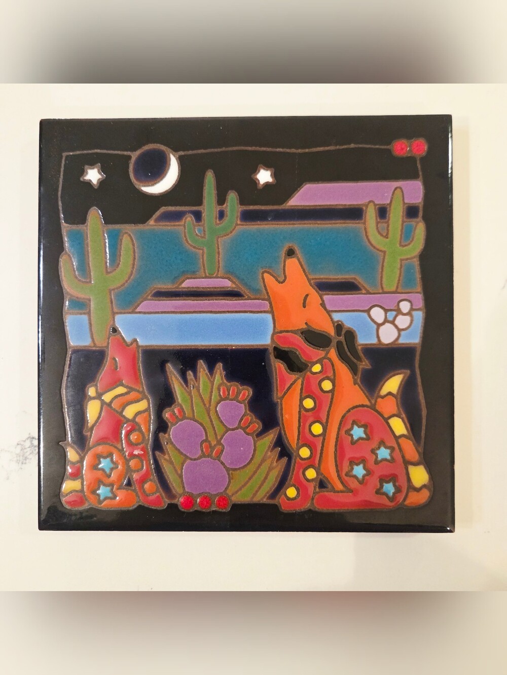 VTG Masterworks Handcrafted Art Tiles Ceramic Trivet Desert Wolves 6”x6"